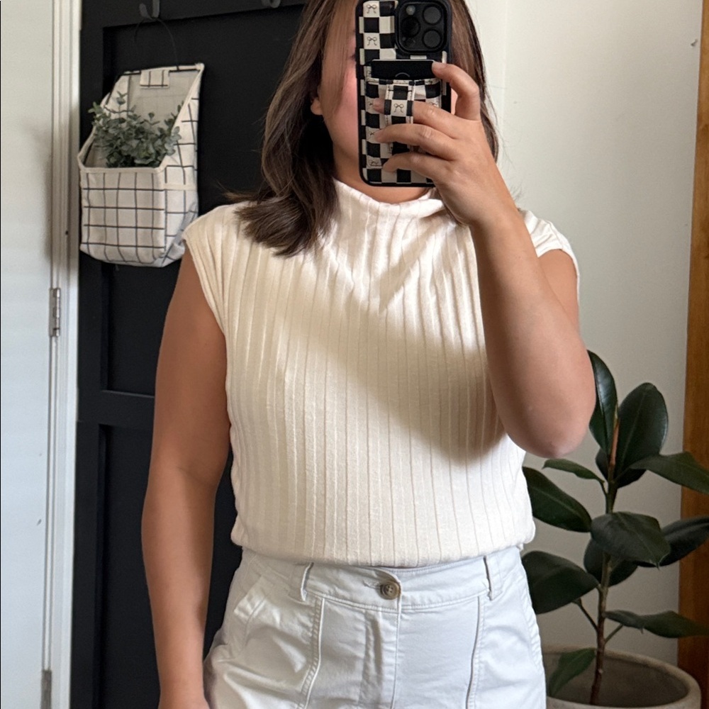 Anthropologie Cream Ribbed Sleeveless Mock Neck Crop Top